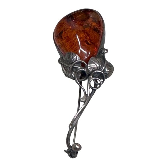 Vintage Baltic Amber Stone Brooch Sterling Silver Art Nouveau Design Pin Leaves - Picture 1 of 7